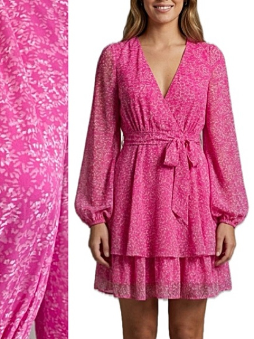 Japna Sheer Floral Tiered Ruffle Dress Size M Barbie Pink Long Balloon Sleeve